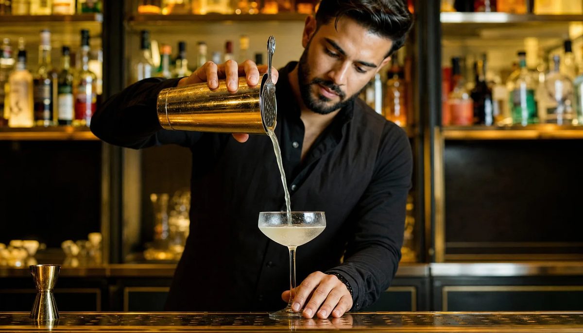 Bartender straining a martini from a brass shaker into a chilled coupe at the bar at Spanglish Martini Bar in Wynwood, Miami