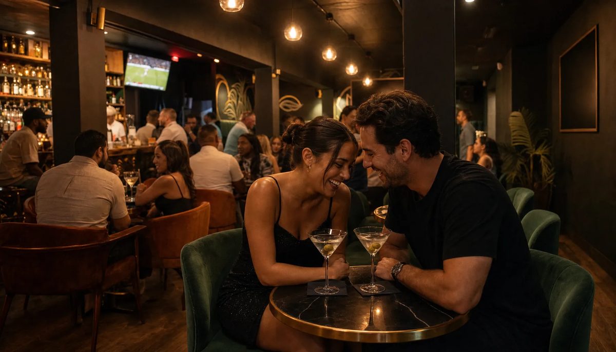 Couple laughing over two martinis at a round brass-rimmed table at Spanglish Martini Bar in Wynwood, Miami