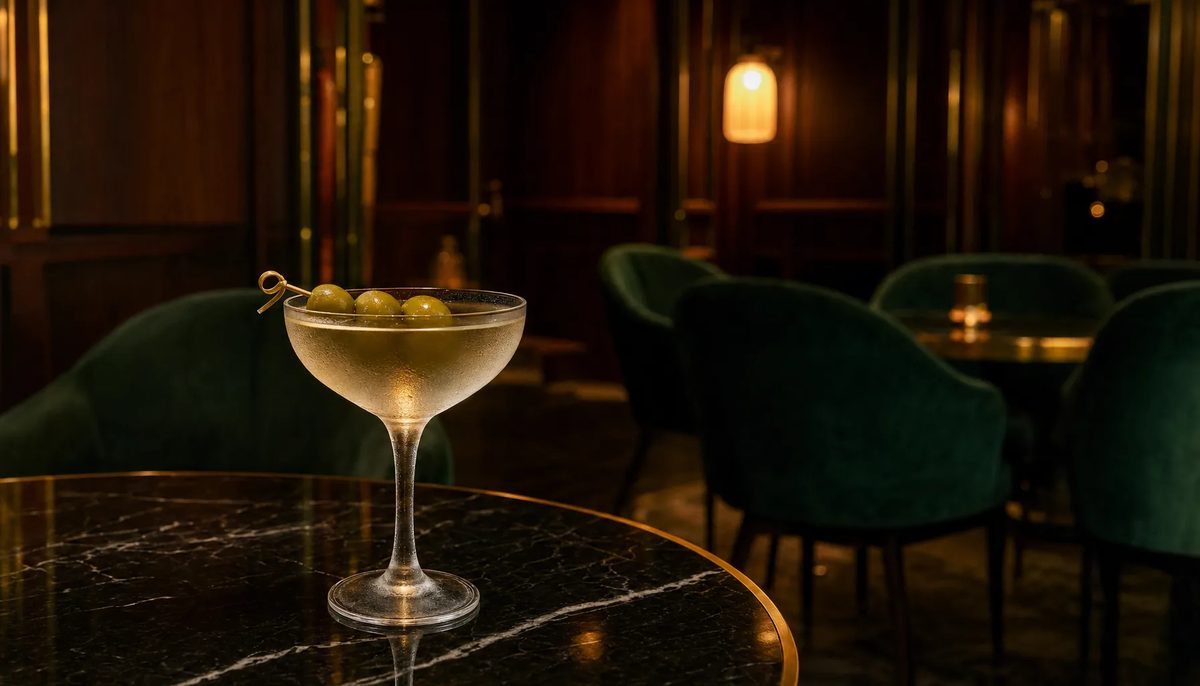 Dirty martini with olives on a brass-rimmed table at Spanglish Martini Bar, the martini bar in Wynwood, Miami