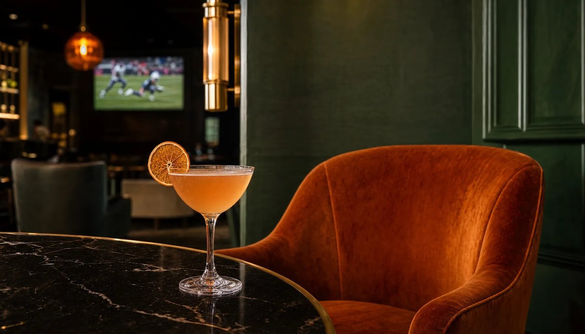 Blush-orange house martini with a dehydrated orange wheel beside a rust velvet armchair on a brass-rimmed table at Spanglish Martini Bar in Wynwood, Miami