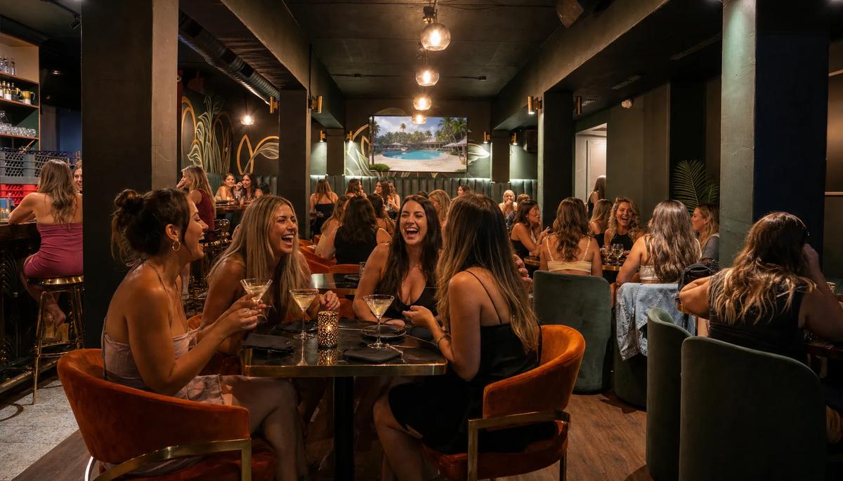 Groups of friends laughing over martinis while a reality dating show plays on the wall TVs at Spanglish Martini Bar in Wynwood, Miami