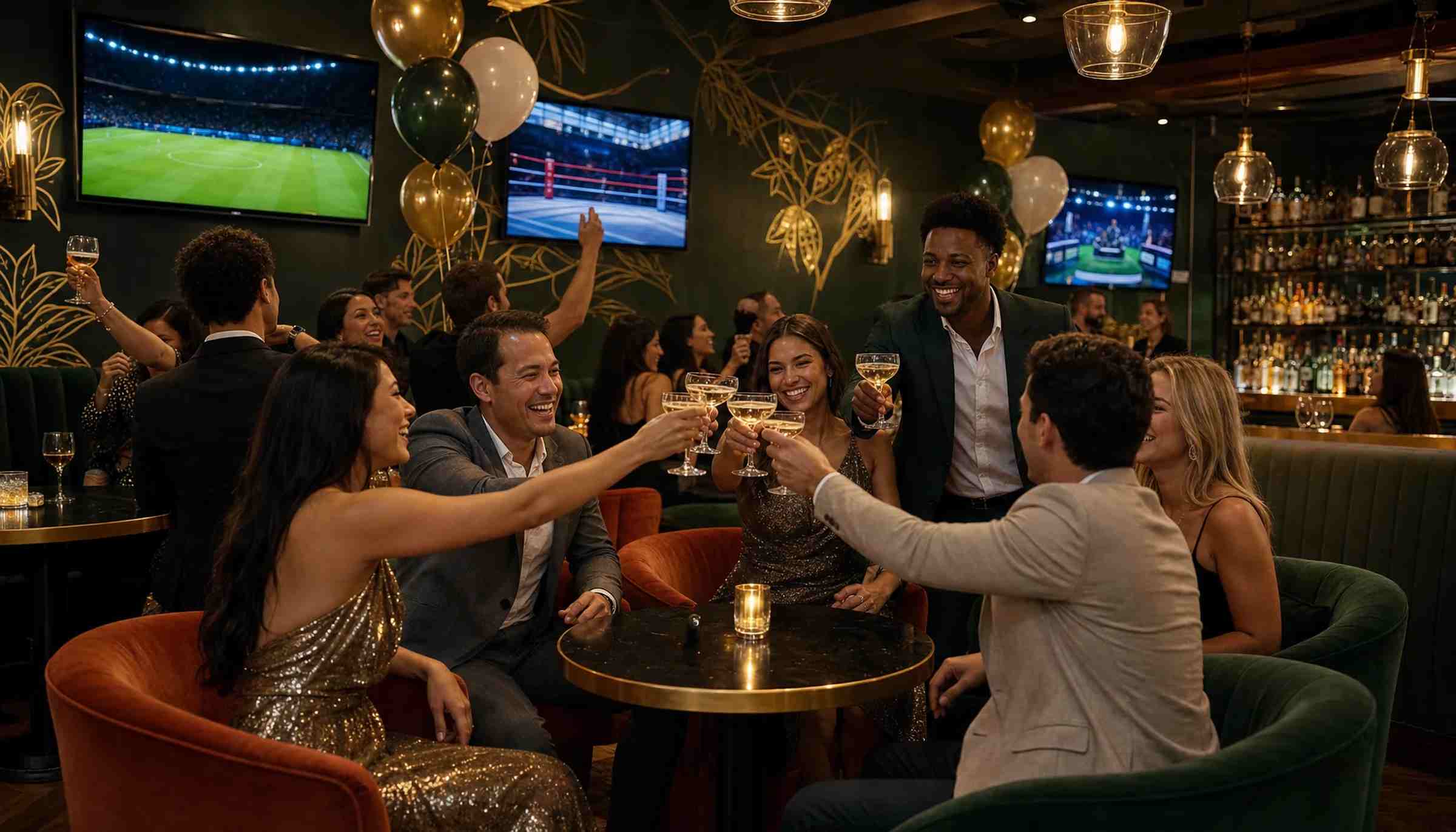 A New Year's Eve countdown moment with champagne coupes raised and brass and cream balloons at Spanglish Martini Bar in Wynwood, Miami