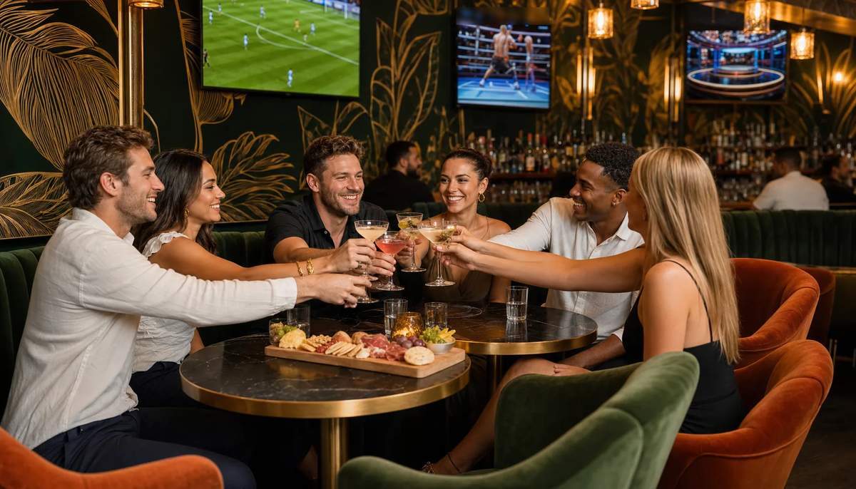 Six friends toasting with martinis at joined tables in the lounge at Spanglish Martini Bar in Wynwood, Miami
