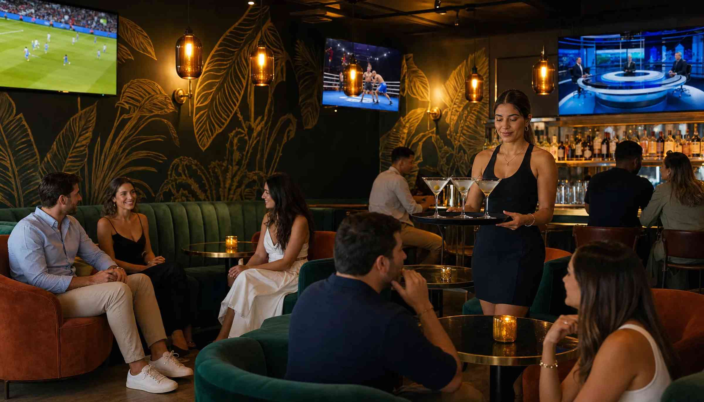 The lounge early in the evening with a server carrying a tray of martinis at Spanglish Martini Bar in Wynwood, Miami